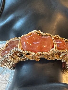 One Of A Kind Handcrafted Gold-Tone Wire Wrapped Carnelian Cuff